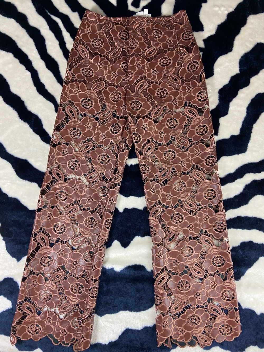 Anthropologie Faux Leather Lace Brown Floral Pants Sheer Embroidered Size 4 [CH] - Picture 13 of 13